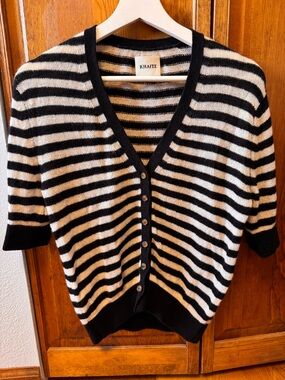 KHAITE Black and White Striped V-Neck Button Cardigan
